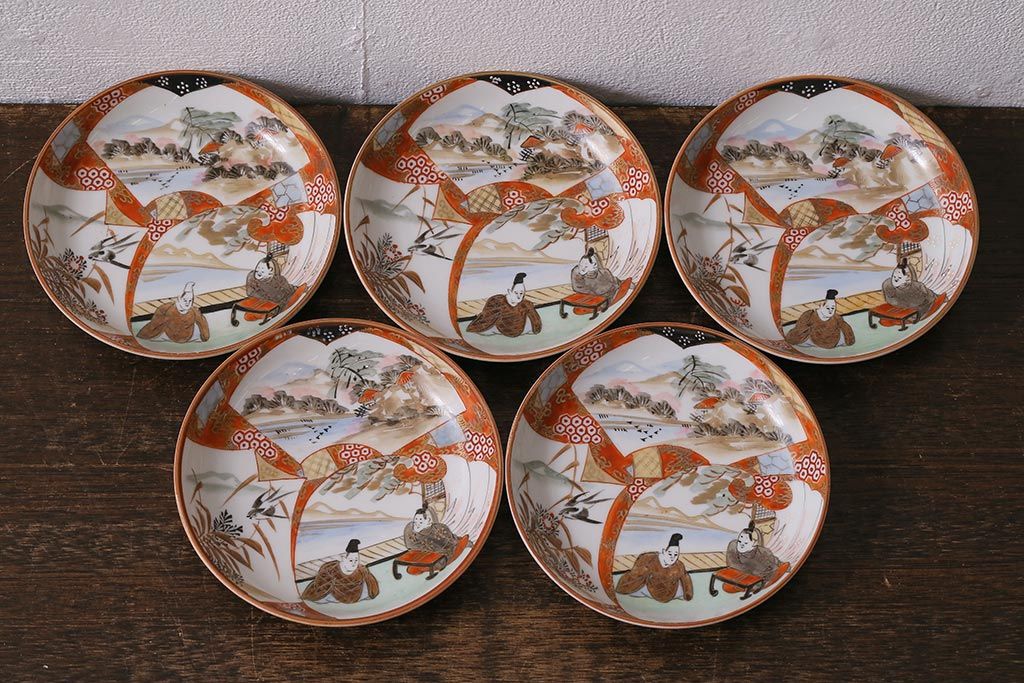 アンティーク雑貨　明治期　九谷　赤絵皿7枚セット(草花文人物画)(R-042568)