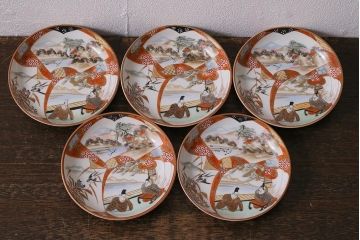 アンティーク雑貨　明治期　九谷　赤絵皿7枚セット(草花文人物画)(R-042568)