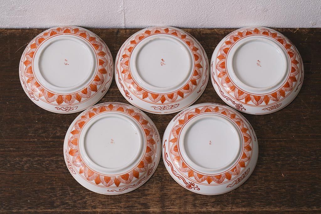 アンティーク雑貨　明治期　九谷　赤絵皿7枚セット(草花文人物画)(R-042568)