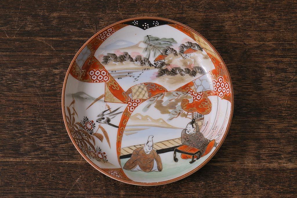 アンティーク雑貨　明治期　九谷　赤絵皿7枚セット(草花文人物画)(R-042568)