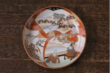 アンティーク雑貨　明治期　九谷　赤絵皿7枚セット(草花文人物画)(R-042568)