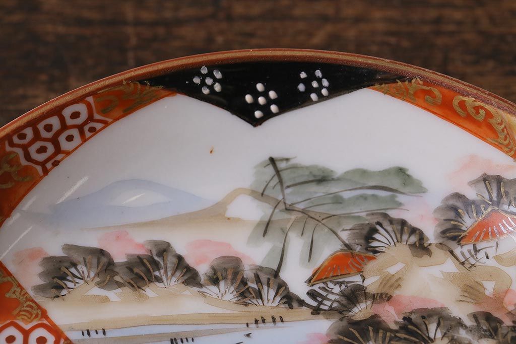 アンティーク雑貨　明治期　九谷　赤絵皿7枚セット(草花文人物画)(R-042568)