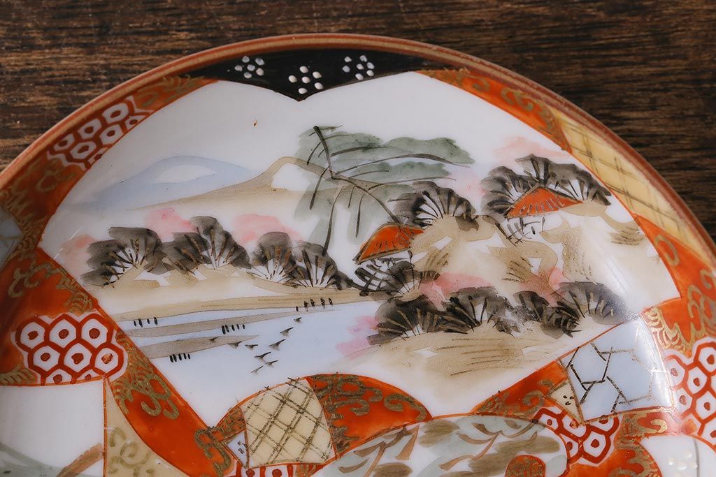 アンティーク雑貨　明治期　九谷　赤絵皿7枚セット(草花文人物画)(R-042568)