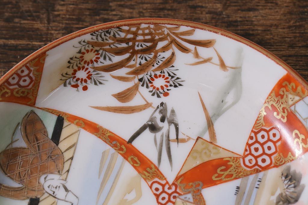 アンティーク雑貨　明治期　九谷　赤絵皿7枚セット(草花文人物画)(R-042568)