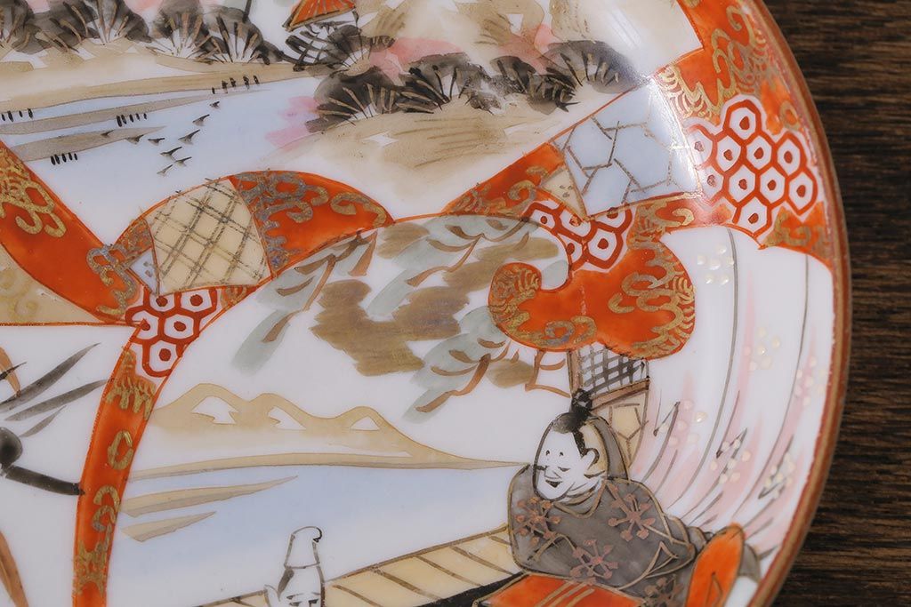 アンティーク雑貨　明治期　九谷　赤絵皿7枚セット(草花文人物画)(R-042568)