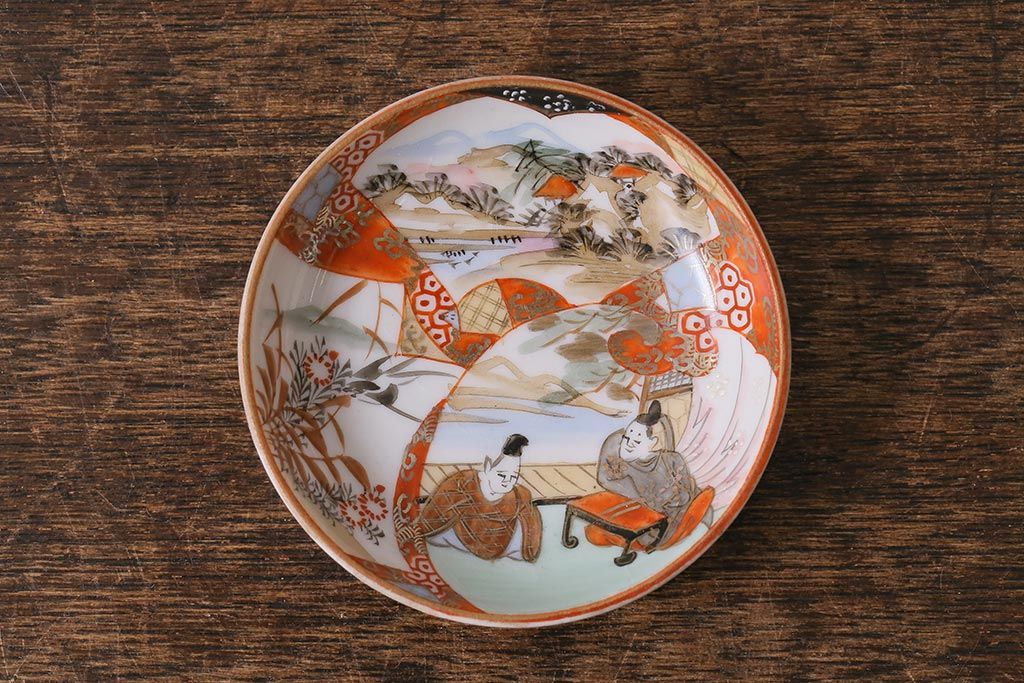 アンティーク雑貨　明治期　九谷　赤絵皿7枚セット(草花文人物画)(R-042568)