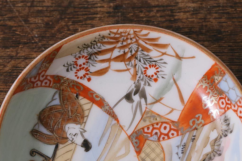 アンティーク雑貨　明治期　九谷　赤絵皿7枚セット(草花文人物画)(R-042568)