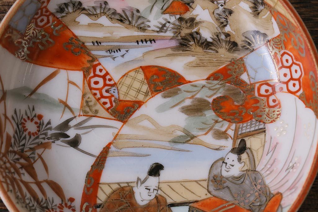 アンティーク雑貨　明治期　九谷　赤絵皿7枚セット(草花文人物画)(R-042568)