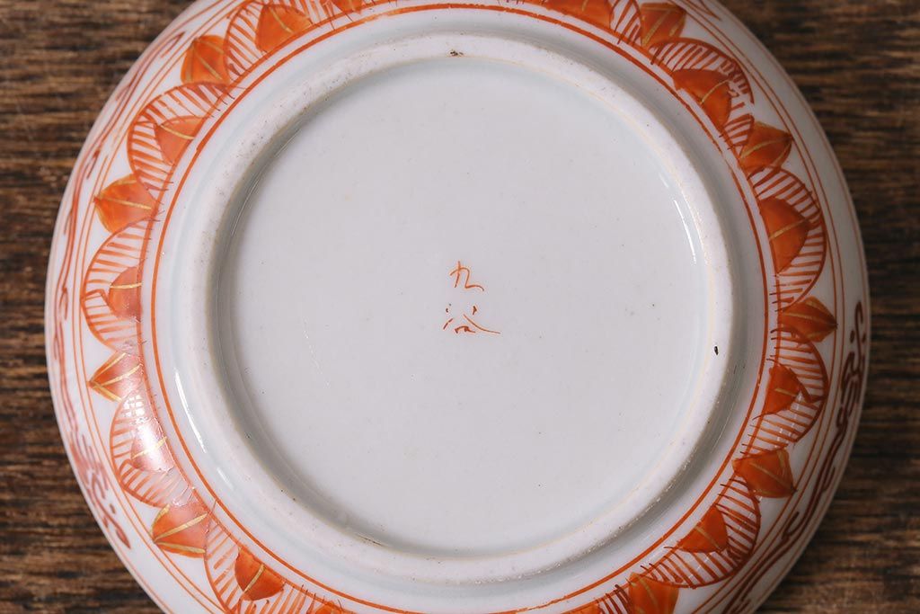 アンティーク雑貨　明治期　九谷　赤絵皿7枚セット(草花文人物画)(R-042568)