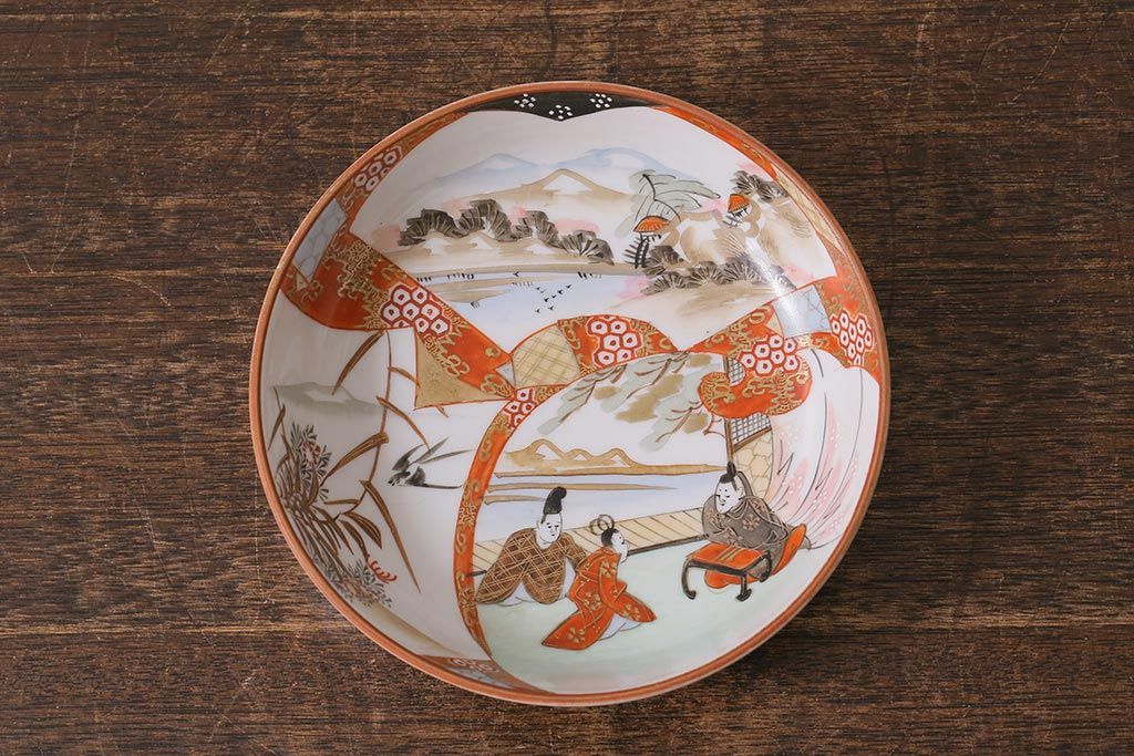 アンティーク雑貨　明治期　九谷　赤絵皿7枚セット(草花文人物画)(R-042568)