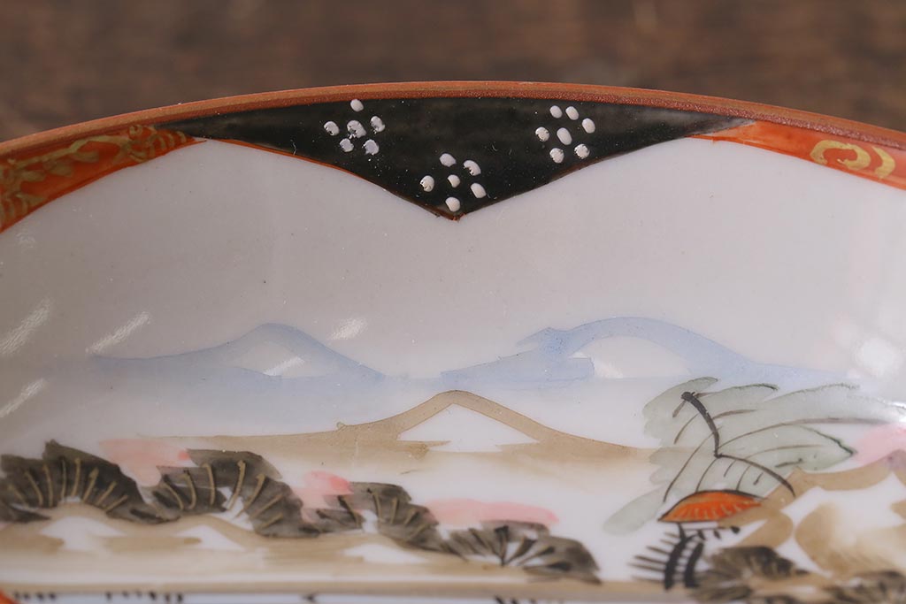 アンティーク雑貨　明治期　九谷　赤絵皿7枚セット(草花文人物画)(R-042568)