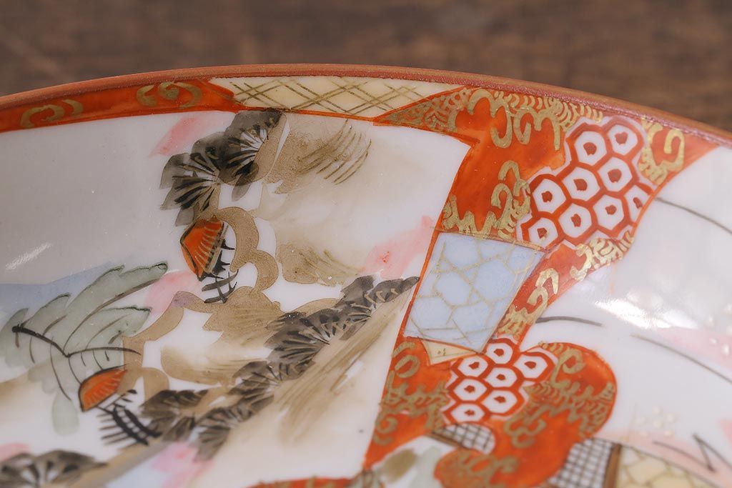 アンティーク雑貨　明治期　九谷　赤絵皿7枚セット(草花文人物画)(R-042568)