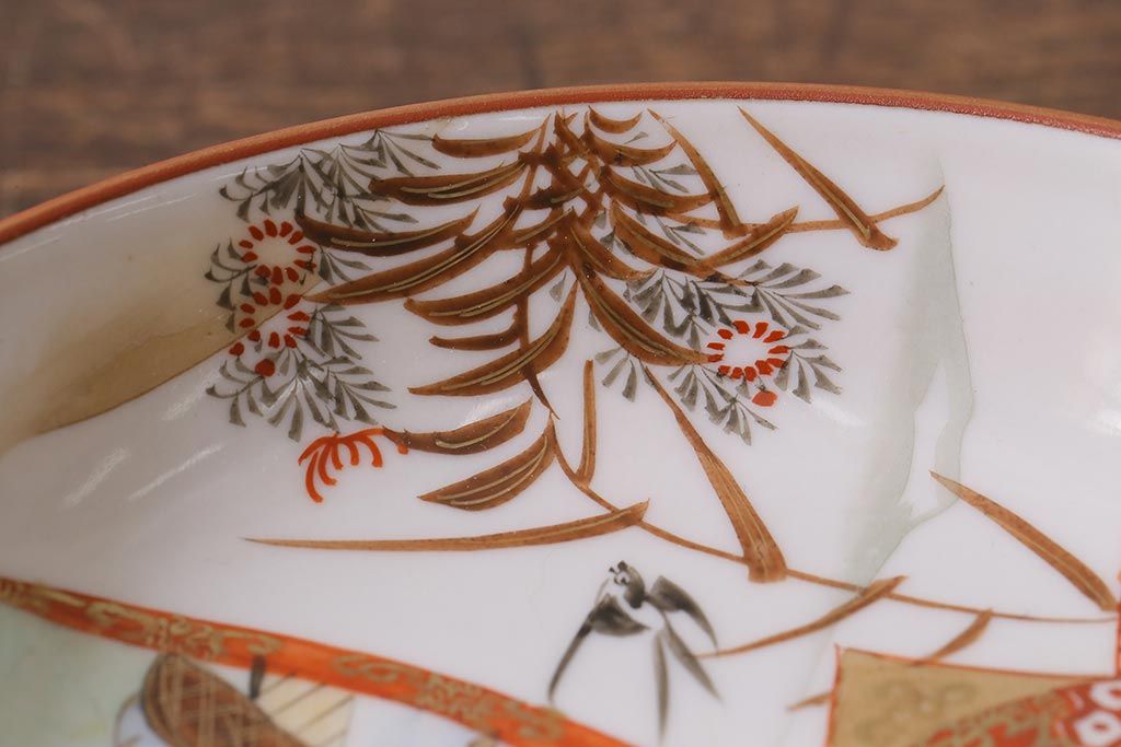 アンティーク雑貨　明治期　九谷　赤絵皿7枚セット(草花文人物画)(R-042568)