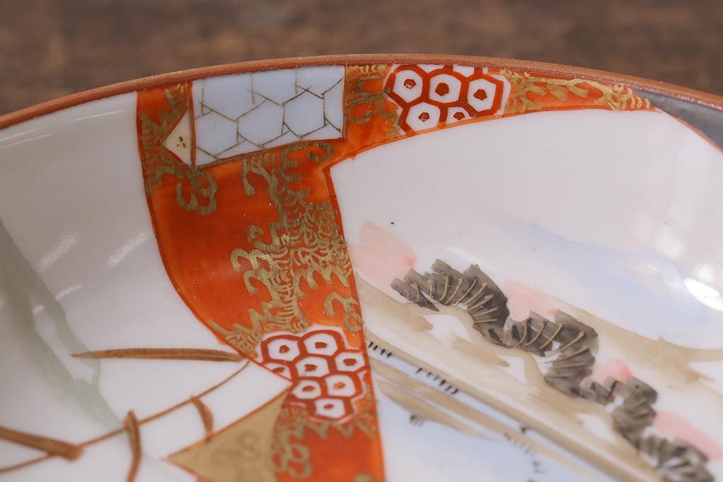 アンティーク雑貨　明治期　九谷　赤絵皿7枚セット(草花文人物画)(R-042568)