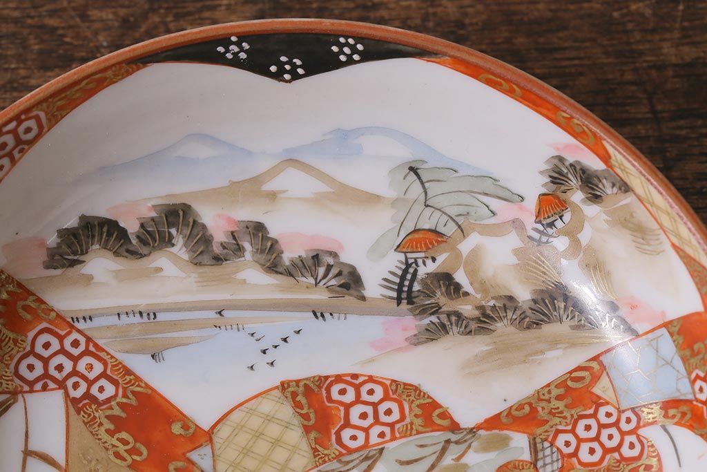 アンティーク雑貨　明治期　九谷　赤絵皿7枚セット(草花文人物画)(R-042568)