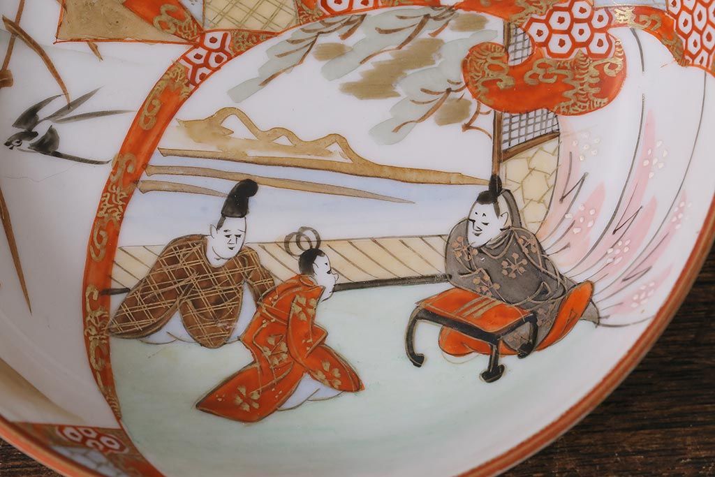 アンティーク雑貨　明治期　九谷　赤絵皿7枚セット(草花文人物画)(R-042568)