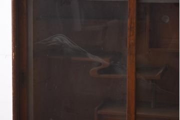 ビンテージ家具　前面ケヤキ材　ガラス戸に山水図が描かれた風情のある茶箪笥(タンス、収納棚)(R-042581)