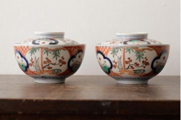 アンティーク雑貨　江戸期　古伊万里　色絵染付蓋茶碗2客セット(和食器)(R-042587)