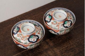 アンティーク雑貨　江戸期　古伊万里　色絵染付蓋茶碗2客セット(和食器)(R-042587)