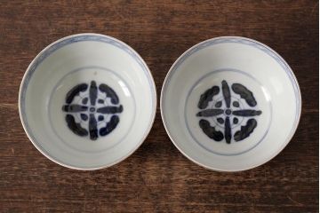 アンティーク雑貨　江戸期　古伊万里　色絵染付蓋茶碗2客セット(和食器)(R-042587)