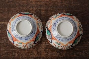 アンティーク雑貨　江戸期　古伊万里　色絵染付蓋茶碗2客セット(和食器)(R-042587)