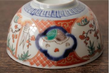 アンティーク雑貨　江戸期　古伊万里　色絵染付蓋茶碗2客セット(和食器)(R-042587)