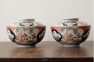 アンティーク雑貨　江戸期　古伊万里　色絵染付蓋茶碗2客セット(和食器)(R-042588)