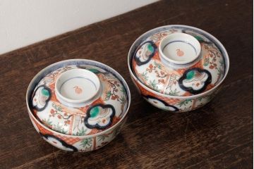 アンティーク雑貨　江戸期　古伊万里　色絵染付蓋茶碗2客セット(和食器)(R-042588)