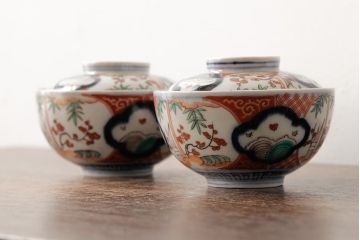 アンティーク雑貨　江戸期　古伊万里　色絵染付蓋茶碗2客セット(和食器)(R-042588)