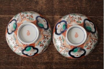 アンティーク雑貨　江戸期　古伊万里　色絵染付蓋茶碗2客セット(和食器)(R-042588)