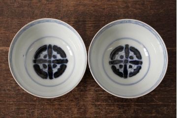 アンティーク雑貨　江戸期　古伊万里　色絵染付蓋茶碗2客セット(和食器)(R-042588)