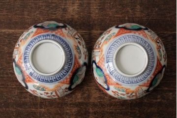 アンティーク雑貨　江戸期　古伊万里　色絵染付蓋茶碗2客セット(和食器)(R-042588)