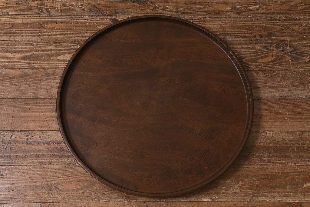 昭和中期　桂(カツラ)材一枚板　大きな刳り貫き盆(丸盆、くりぬき盆)(R-042591)