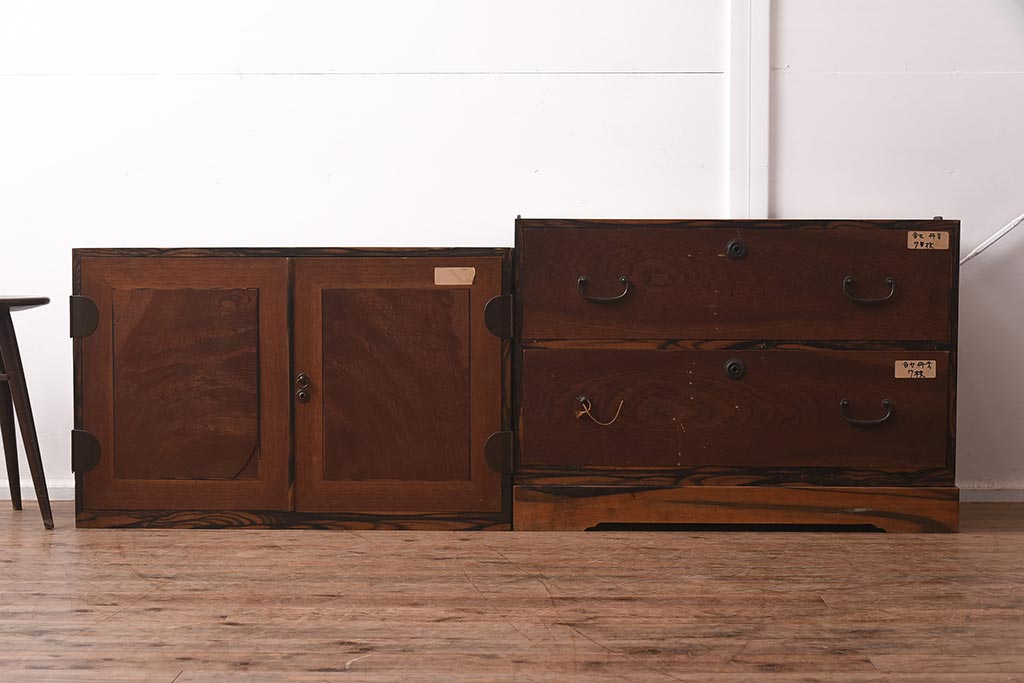アンティーク家具　ケヤキ・桐・黒柿材　衣装盆付き　上手物の重ね衣装箪笥(和服箪笥、着物箪笥、収納箪笥、キャビネット)(R-042623)