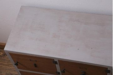 ラフジュ工房オリジナル　ペイント　脚付き　古材リメイク　前板ラワン古材・ヒノキ無垢材　数字プレート・ネームプレート付きの下駄箱(収納棚、ロッカー、マス目棚)(R-042634)