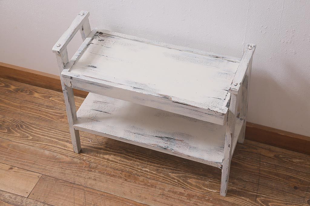 アンティーク家具　昭和初期　ペイント　シャビーシックな佇まいのサイドワゴン(テーブル、サイドテーブル、飾り台、花台)(R-042640)