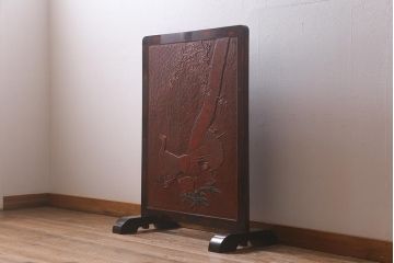 中古　伝統工芸　鎌倉彫り　桜・雉(キジ)　衝立(パーテーション、つい立て)(R-042641)