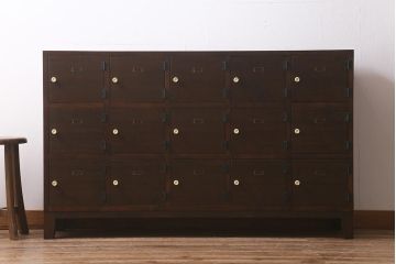 ラフジュ工房オリジナル　3×5マス　古材リメイク　ラワン古材　ネームプレート付きのマス目棚・右開き(収納棚、ロッカー、下駄箱)(R-042652)