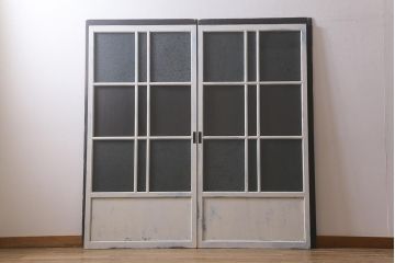 アンティーク建具　昭和初期　結霜ガラス　明るく爽やかな雰囲気のガラス戸2枚セット(引き戸、建具)(R-042655)