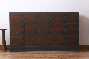 ラフジュ工房オリジナル　3×5マス　古材リメイク　ヒノキ無垢材・ラワン古材　ビンテージ風のペイントマス目棚・右開き(収納棚、ロッカー、下駄箱)(R-042666)