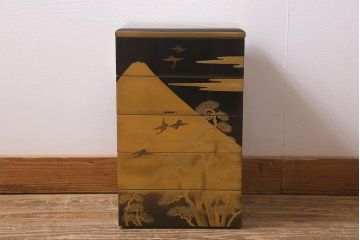 アンティーク雑貨　明治期　金彩鶴蒔絵　五ツ組木製重箱(お重、漆器)(R-042667)