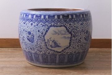 アンティーク雑貨　鳳凰・僧侶の図　特大サイズの瀬戸火鉢(鉢カバー)(R-042675)