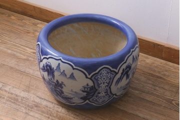 アンティーク雑貨　昭和中期　山水図　和モダンな瀬戸火鉢(鉢カバー)(R-042676)