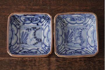 アンティーク雑貨　幕末明治期　伊万里焼　染付角皿2枚セット(向付、小鉢、和食器)(R-042681)