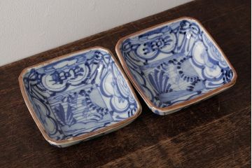 幕末明治期　伊万里焼　染付角皿2枚セット(向付、小鉢、和食器)(R-042682)