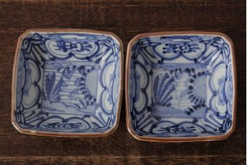 幕末明治期　伊万里焼　染付角皿2枚セット(向付、小鉢、和食器)(R-042682)