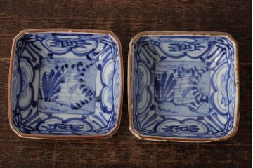 幕末明治期　伊万里焼　染付角皿2枚セット(向付、小鉢、和食器)(R-042683)