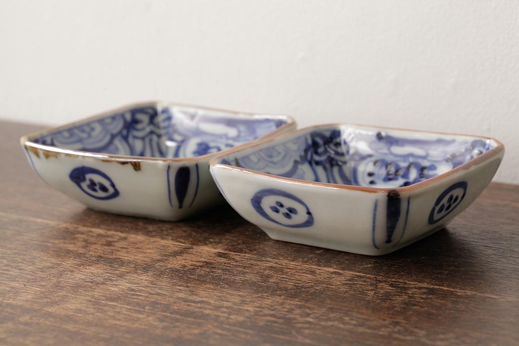 幕末明治期 伊万里焼 染付角皿2枚セット(向付、小鉢、和食器)(R-042685)