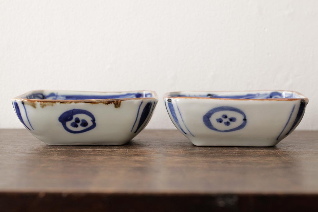 幕末明治期 伊万里焼 染付角皿2枚セット(向付、小鉢、和食器)(R-042685)