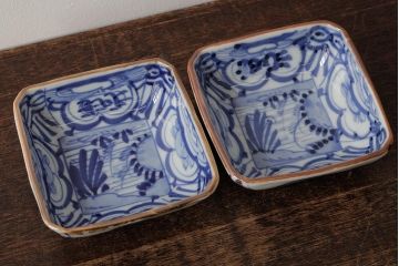 幕末明治期 伊万里焼 染付角皿2枚セット(向付、小鉢、和食器)(R-042685)